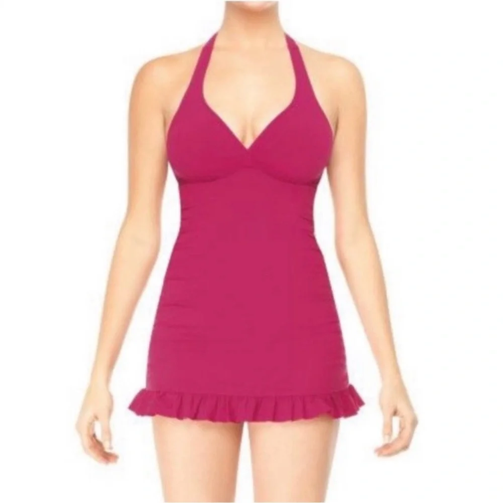 SPANX Love Your Assets Ruffle Halter Swim Dress in Sunset Pink Size S NWT Barbie - Picture 2 of 16